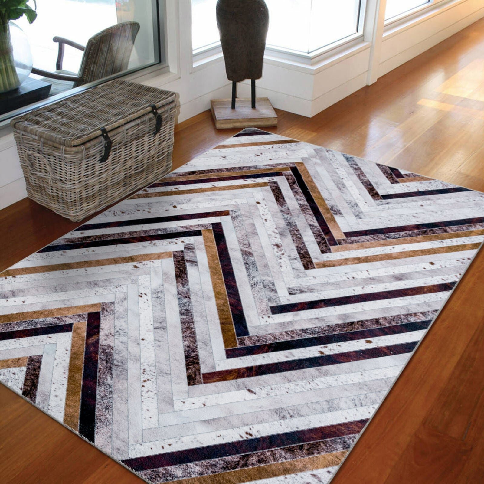 Extra Large Grey Rug Zigzag Striped Geometric Soft Carpet Non Slip Rugs