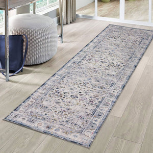 Extra Large Floor Rug Blue Ivory Allover Distressed Washable Carpet Runner Rugs