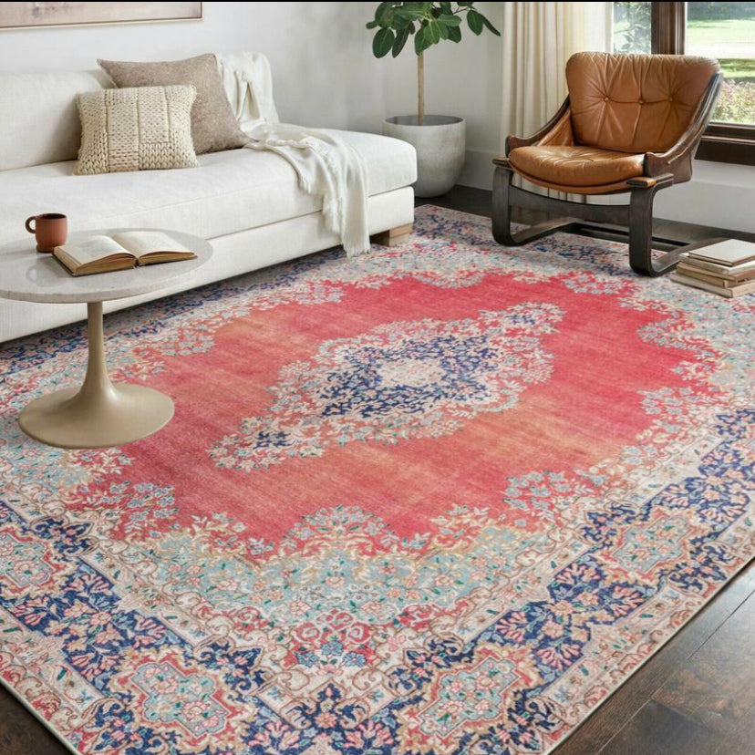Large Rug Red Allover Distressed Persian Washable Carpet Mat Hallway Runners